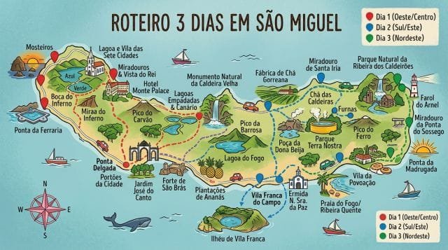Mapa do Roteiro de 3 Dias em São Miguel (Açores)